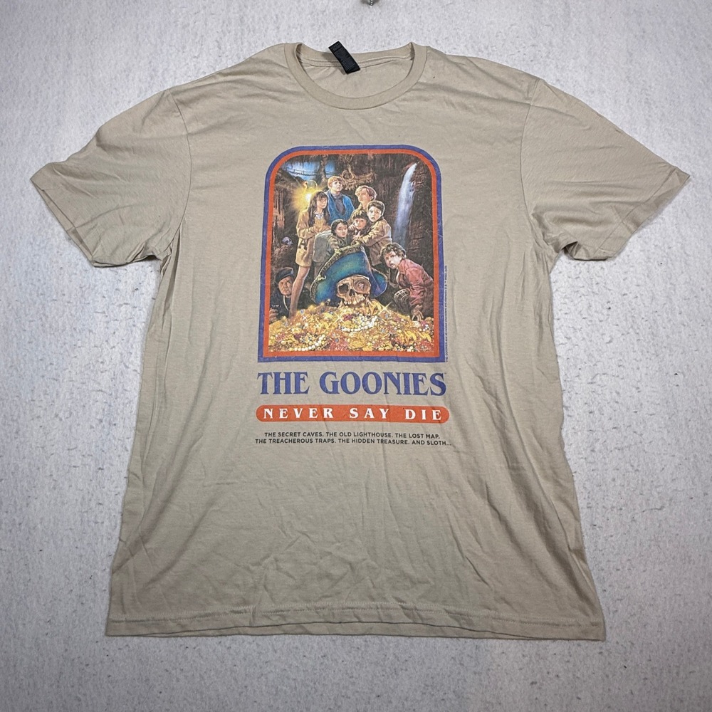 Gildan The Goonies Never Say Die Tan Graphic T-Shirt Mens Large 80s Movie Tee
